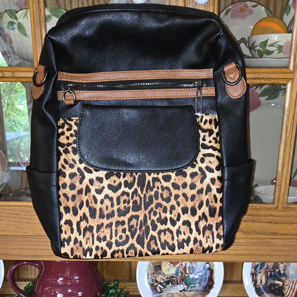 Leopard Print Black Leather Backpack